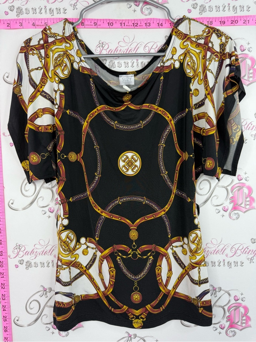Suzy Shier blouse Black, White & Gold Chain-Print Short Sleeve Top
